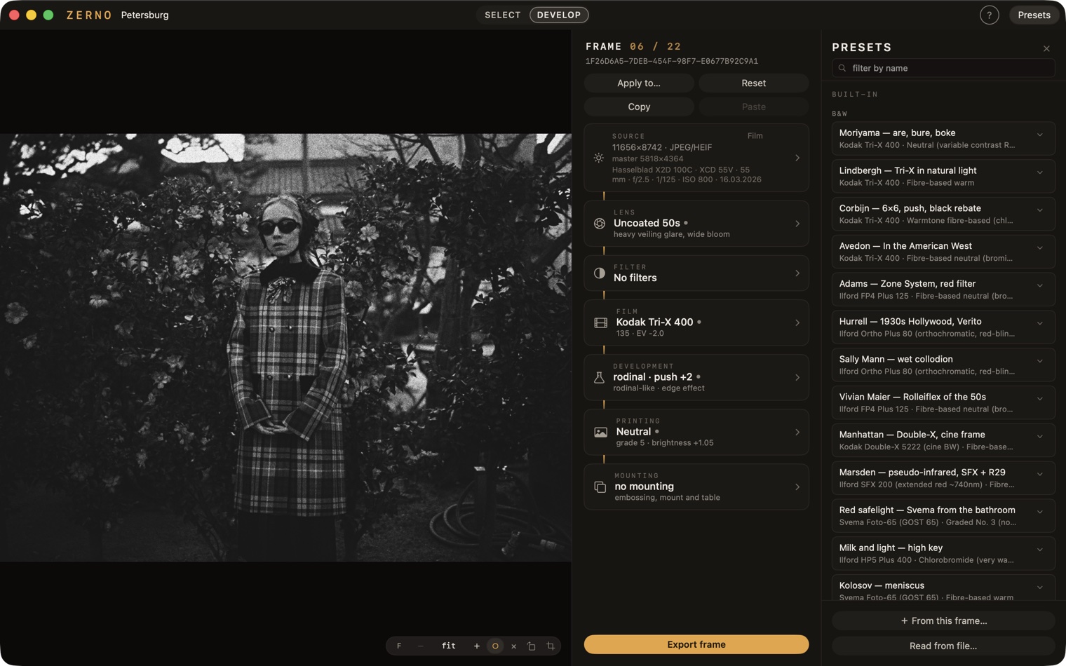 A frame after the "Moriyama" preset, the presets panel open on the right